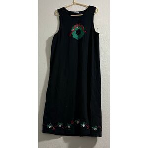 Vintage 90s Westbound Christmas Wreath Bells Embroidered Long Black Dress PL P L